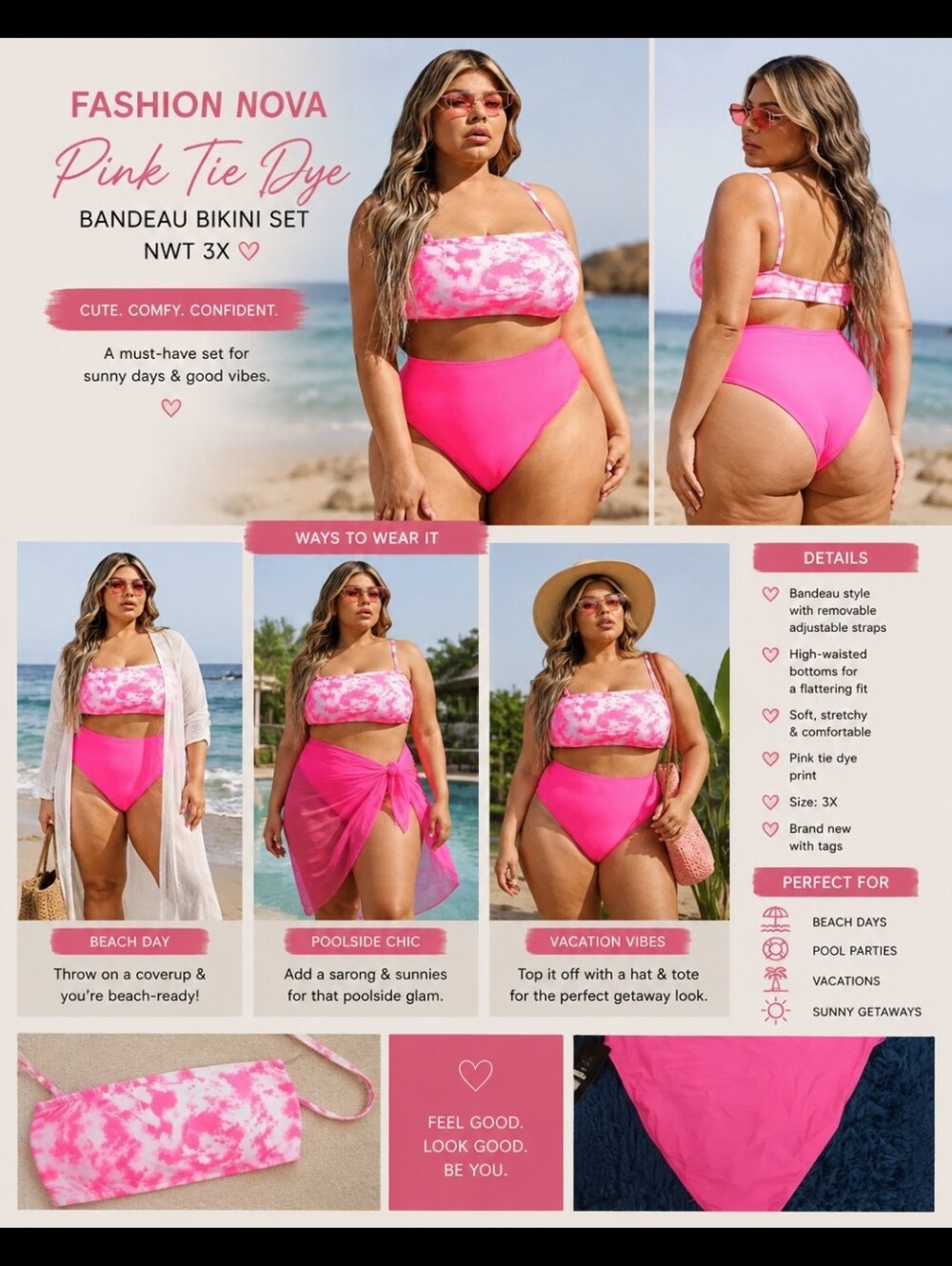 Fashion Nova~ Pink Tie Dye Bandeau Bikini Set NWT 3X